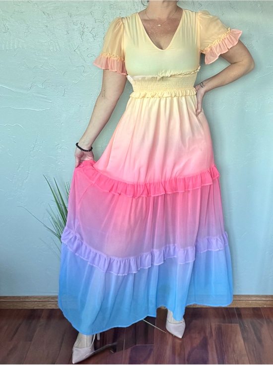 Main Strip Dresses & Skirts - Main Strip Pastel Rainbow Ombre Ruffle Short Sleeve Maxi Dress